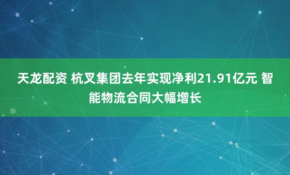天龙配资 杭叉集团去年实现净利21.91亿元 智能物流合同大幅增长